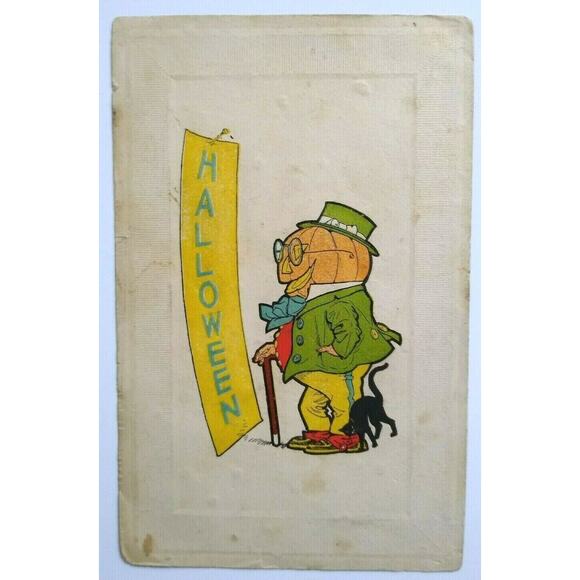 Fantasy Halloween Postcard Green Goblin Walking Cane Black Cat 1916 Falmouth - Picture 2 of 6